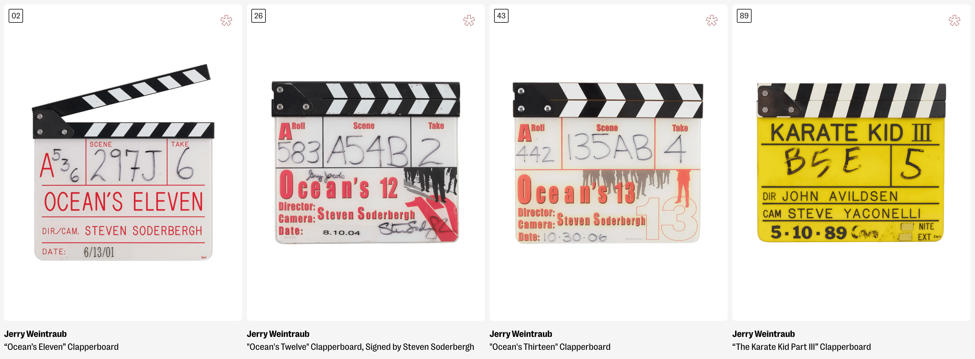 Jerry Weintraub "Ocean's" films and "Karate Kid III" Clapperboards