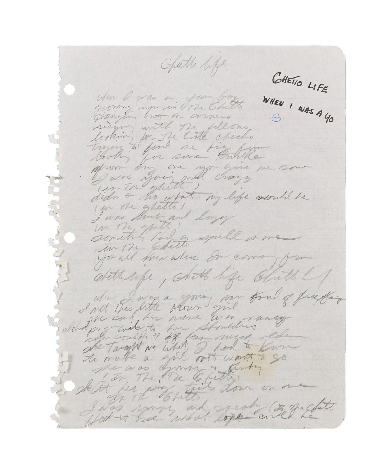 Rick James | Handwritten Working Lyrics for "Ghetto Life" Rick James Handwritten Working Lyrics for "Ghetto Life"