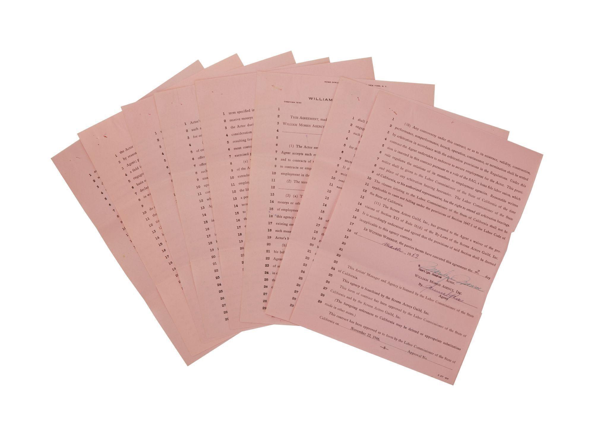 Lot #4. Marilyn Monroe | 1949 Signed Contract with the William Morris Agency, Inc.
