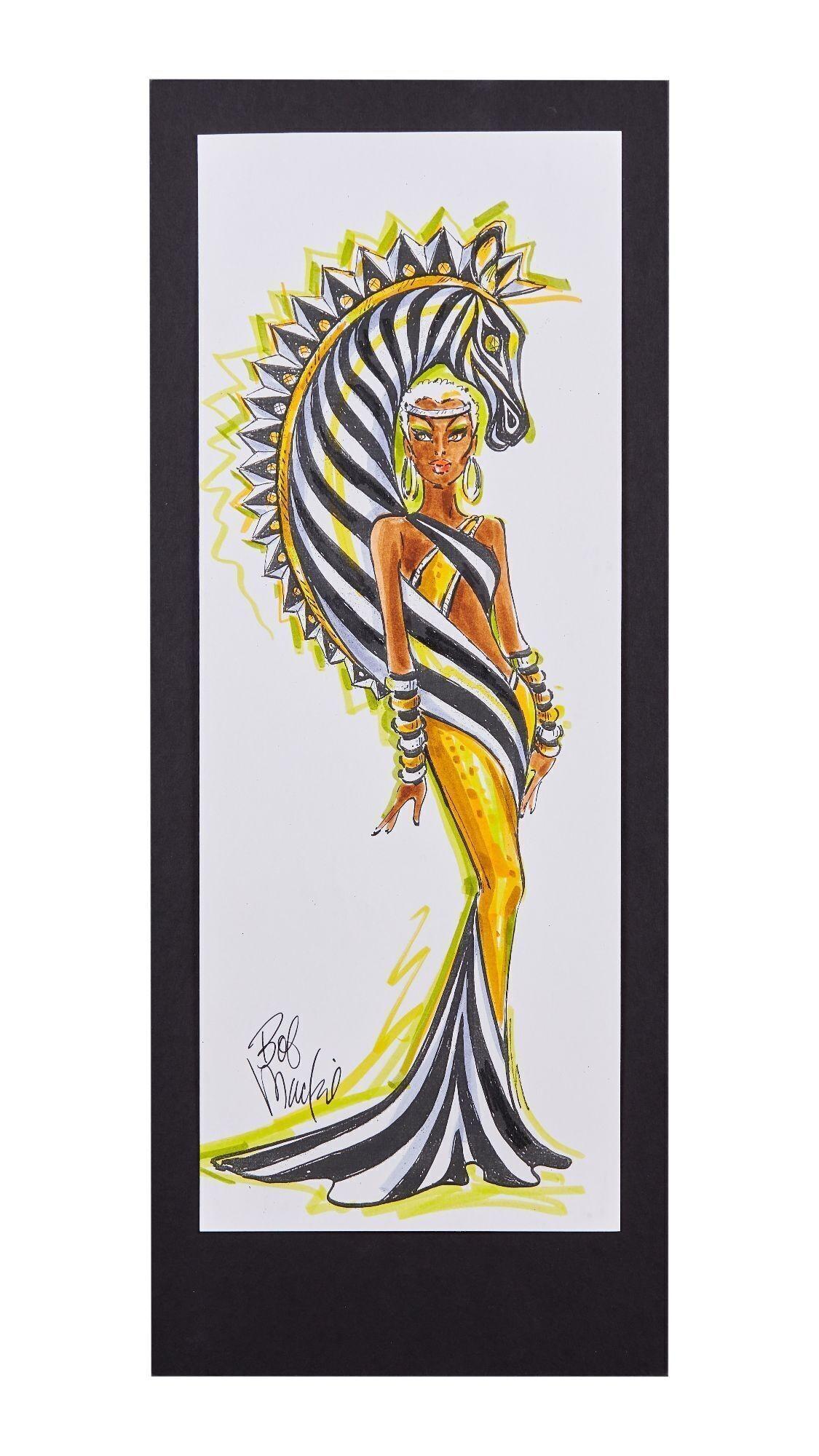 Lot #12. Bob Mackie | Barbie Gold Zebra Conceptual Design Illustration a drawing of a woman in a zebra print dress