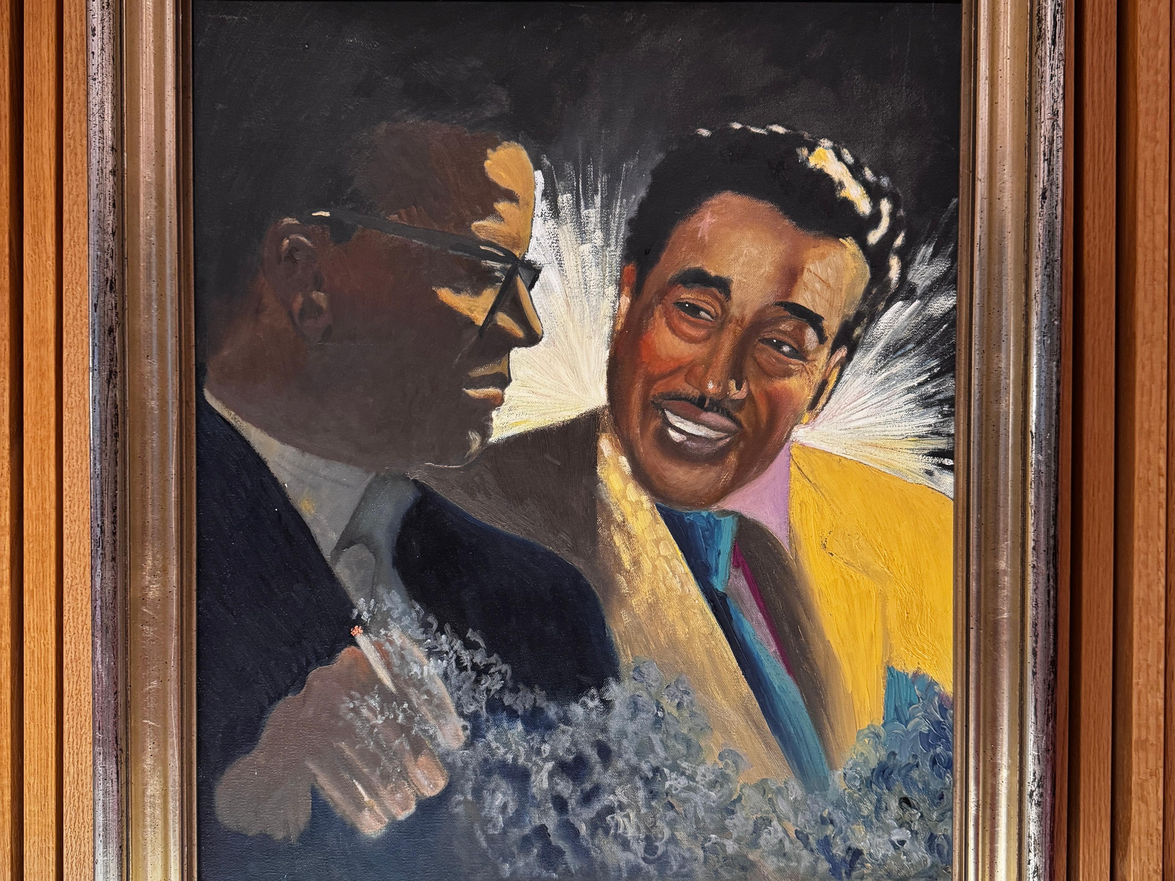 A framed painting of two men standing next to each other