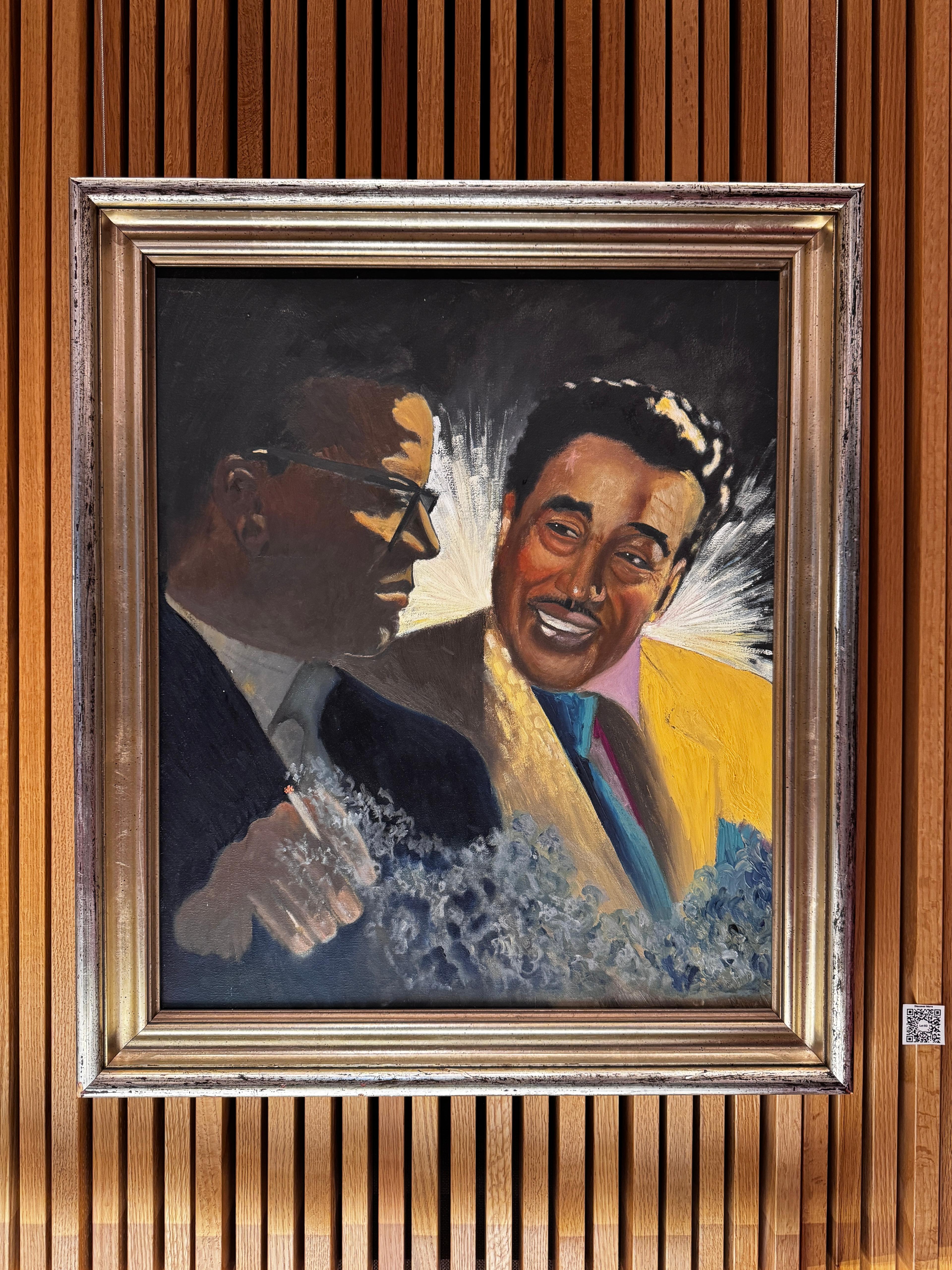 A framed painting of two men standing next to each other