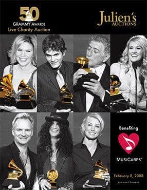 A poster for the 50th Grammy Awards Live Charity Auction 