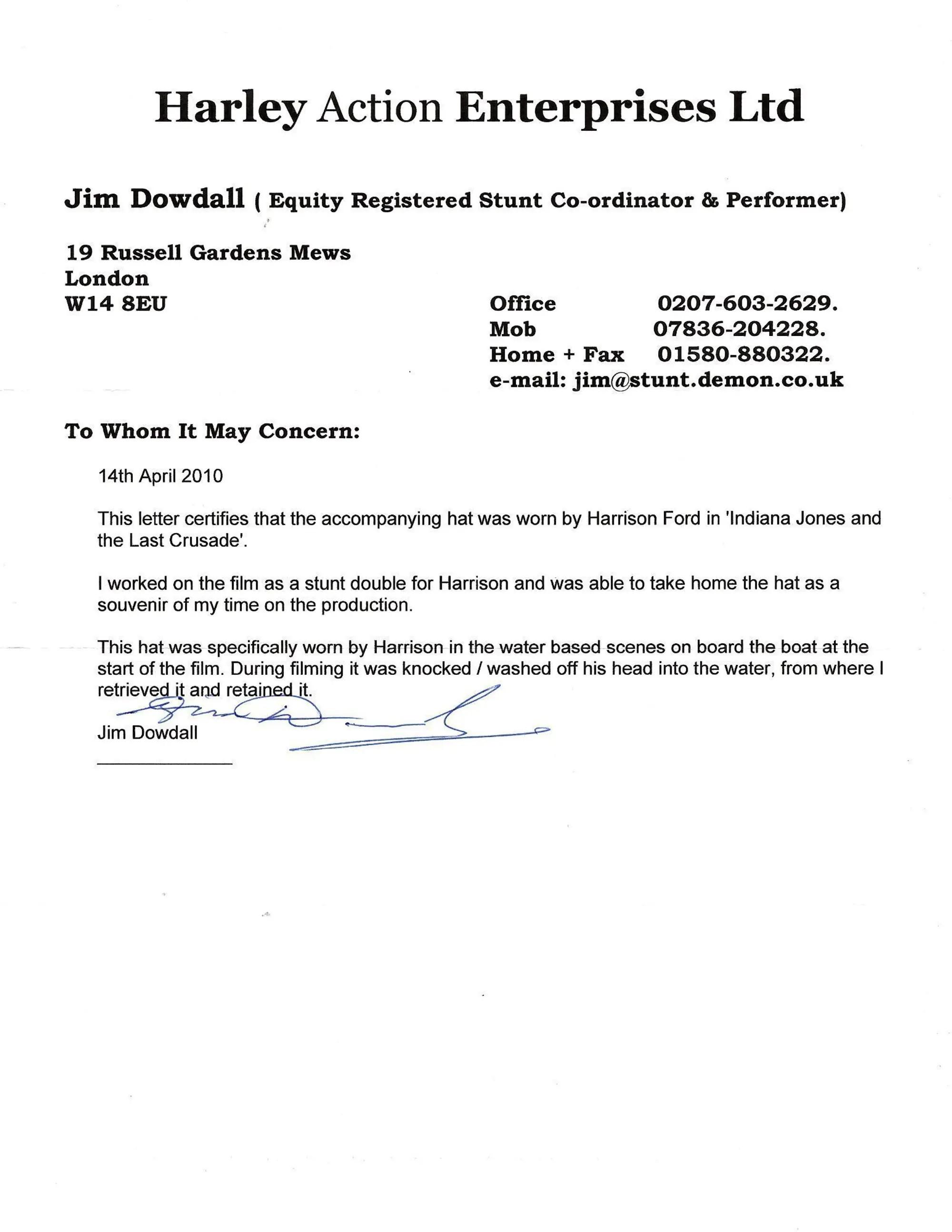 an authentication letter from harley action enterprises for harrison ford's indiana jones hat