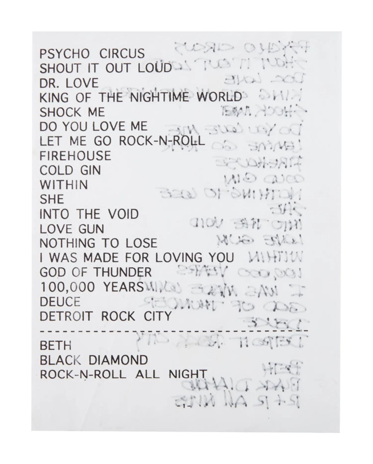 Lot 25  Kiss Gene Simmons Handwritten 1998 Halloween Psycho Circus Setlist