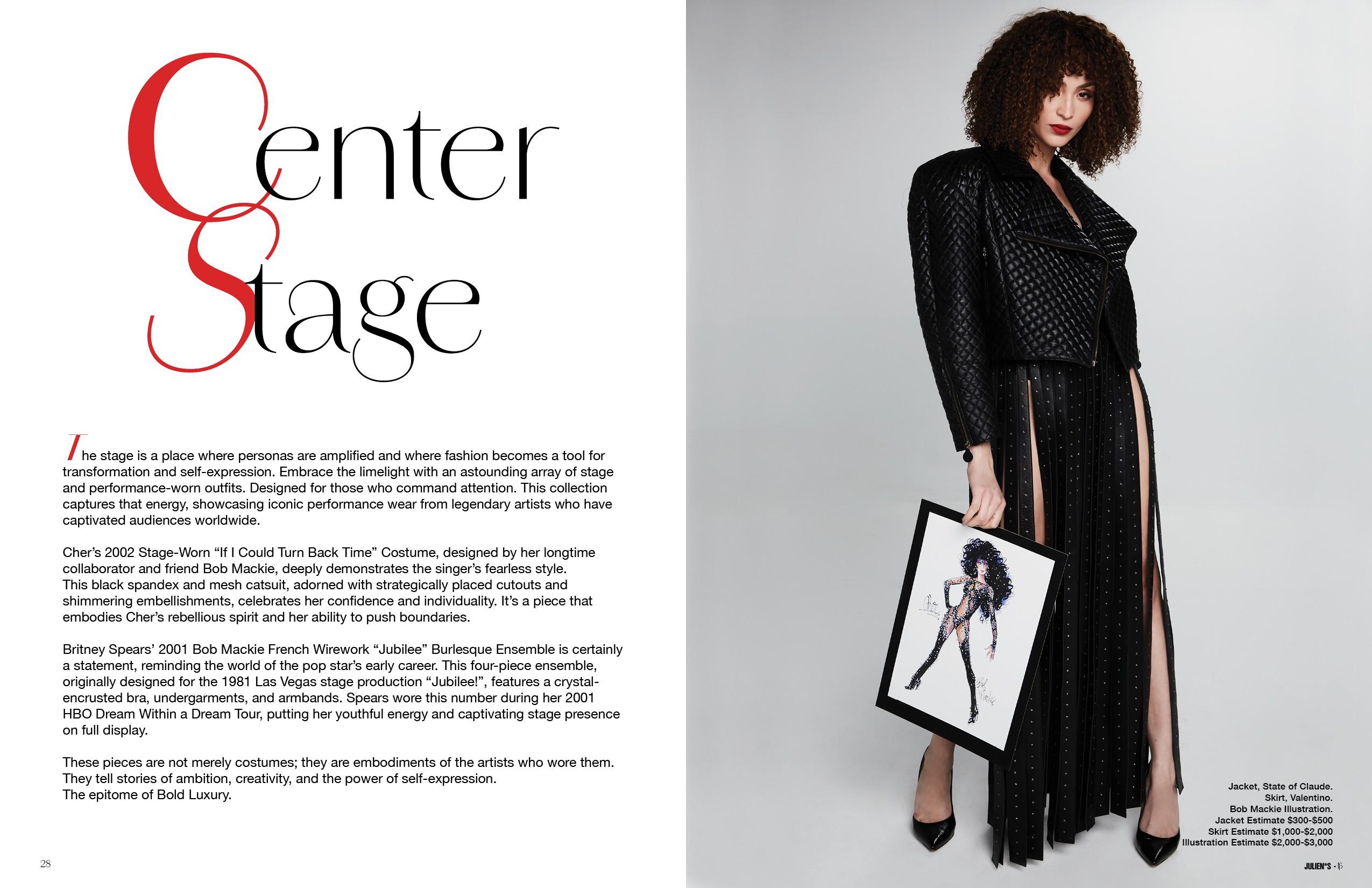 a magazine is open to a page with a woman in a black dress holding a picture .