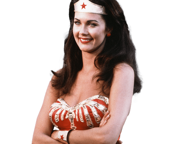 a woman in a wonder woman costume with her arms crossed