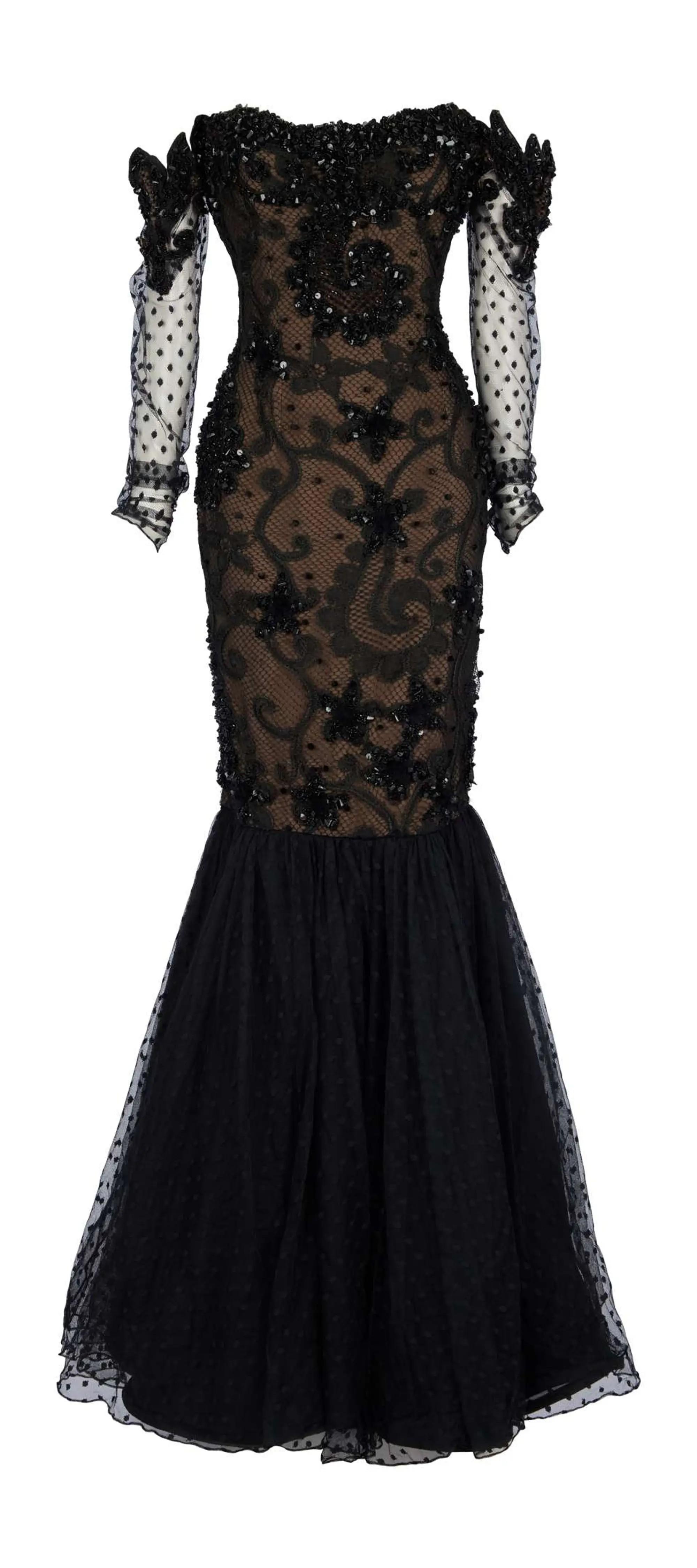 Lot #54  Joan Collins 2004 Photo and Event-Worn Nolan Miller and Mark Zunino Gown with Sketch