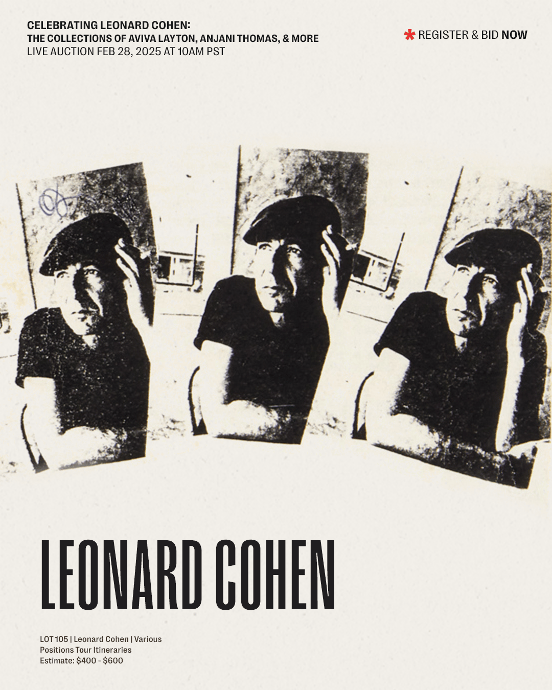 a poster advertising leonard cohen 's auction on february 28th