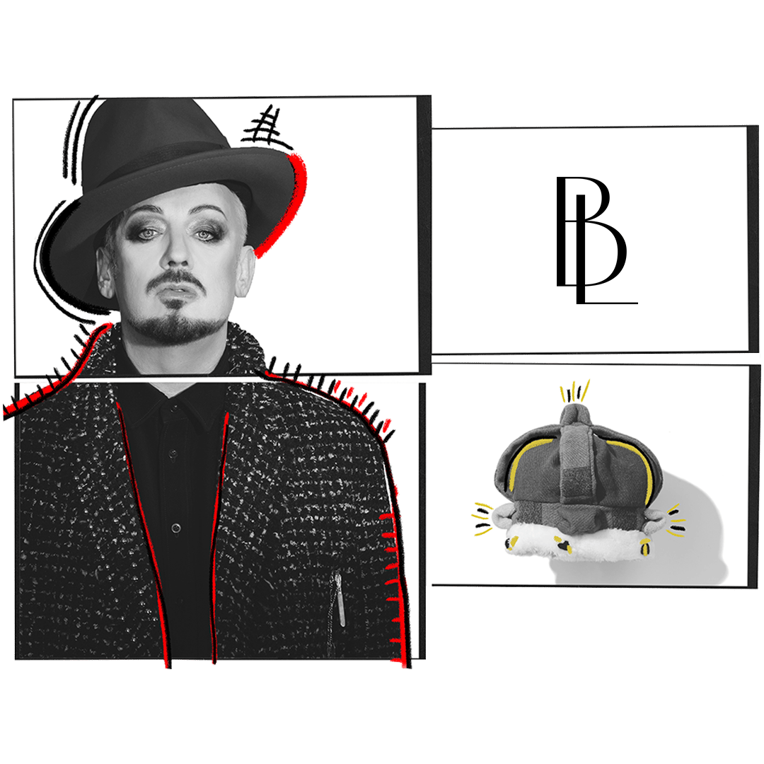A black and white image of Boy George 