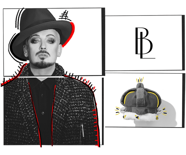 A black and white image of Boy George