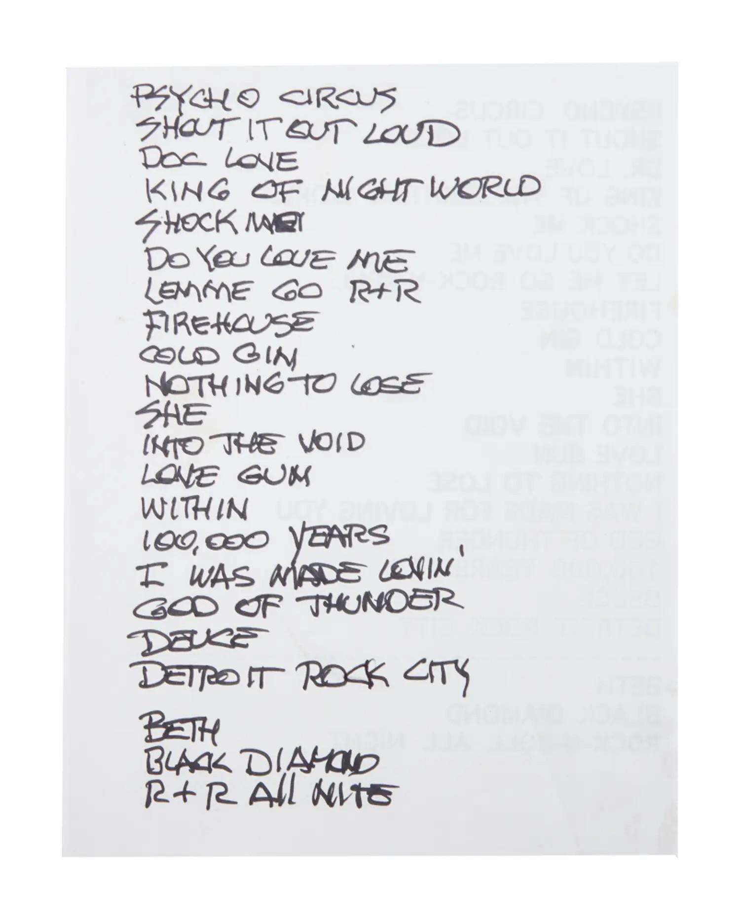 Lot 25  Kiss Gene Simmons Handwritten 1998 Halloween Psycho Circus Setlist