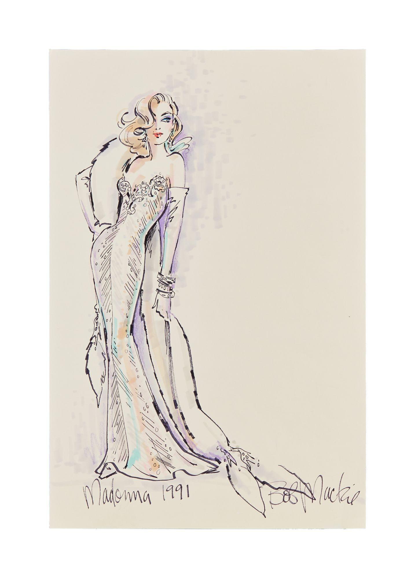 Lot #1. Madonna | 1991 Academy Award Design Illustration a drawing of a woman in a long dress with the year 1991 on the bottom