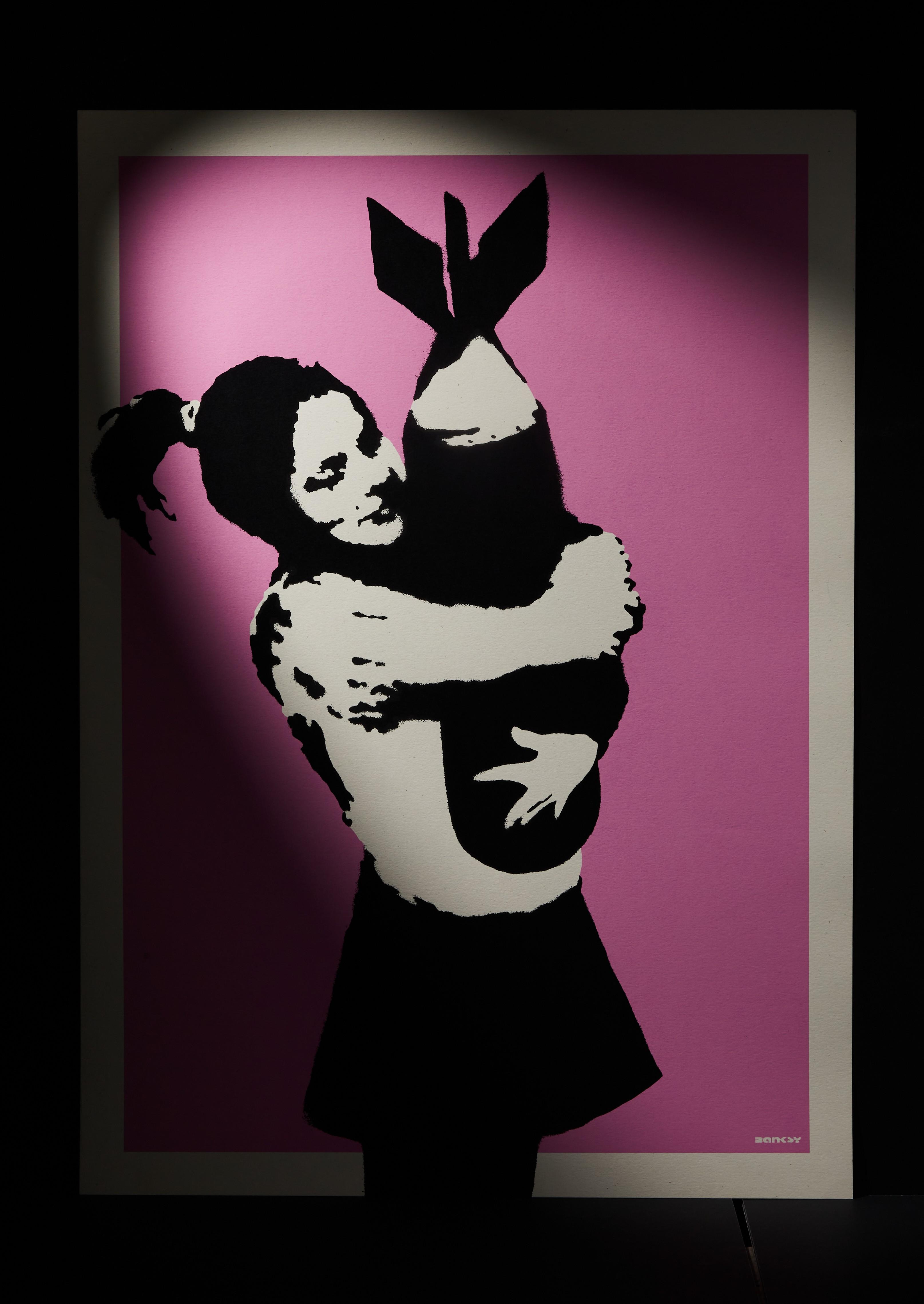 a painting of a woman hugging a missile