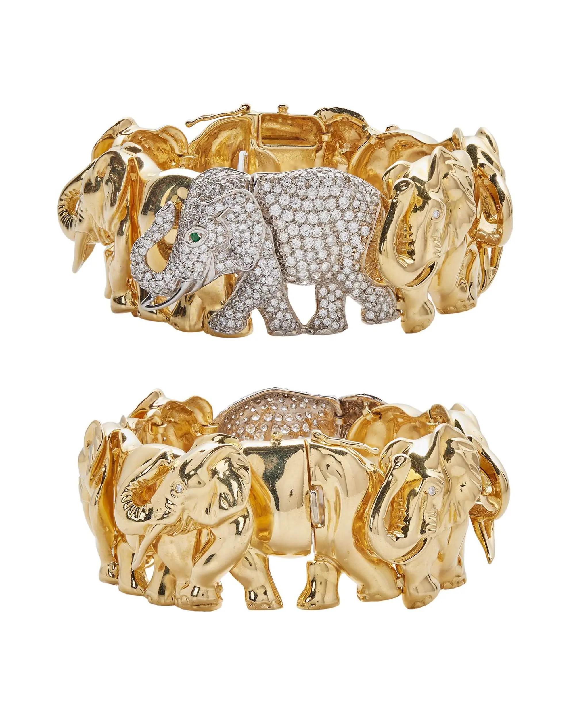 Lot #328  Jerry Weintraub 18K Yellow Gold and Diamond Elephant Bracelet