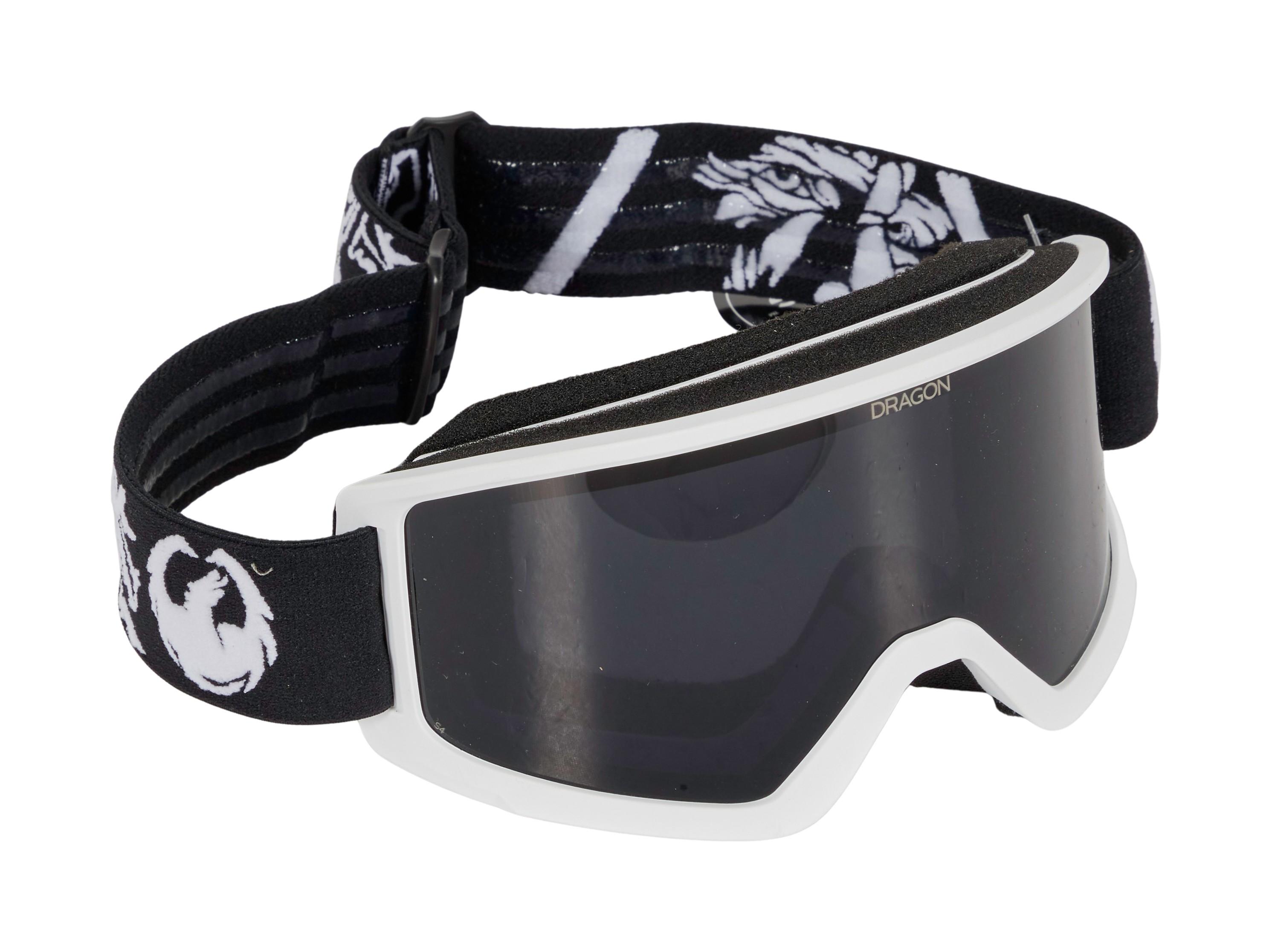 a pair of black and white dragon ski goggles