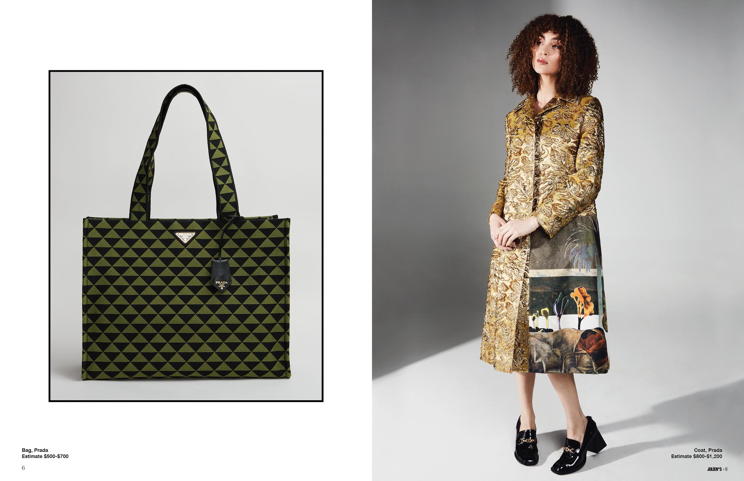 a woman is wearing a gold coat and a green tote bag .