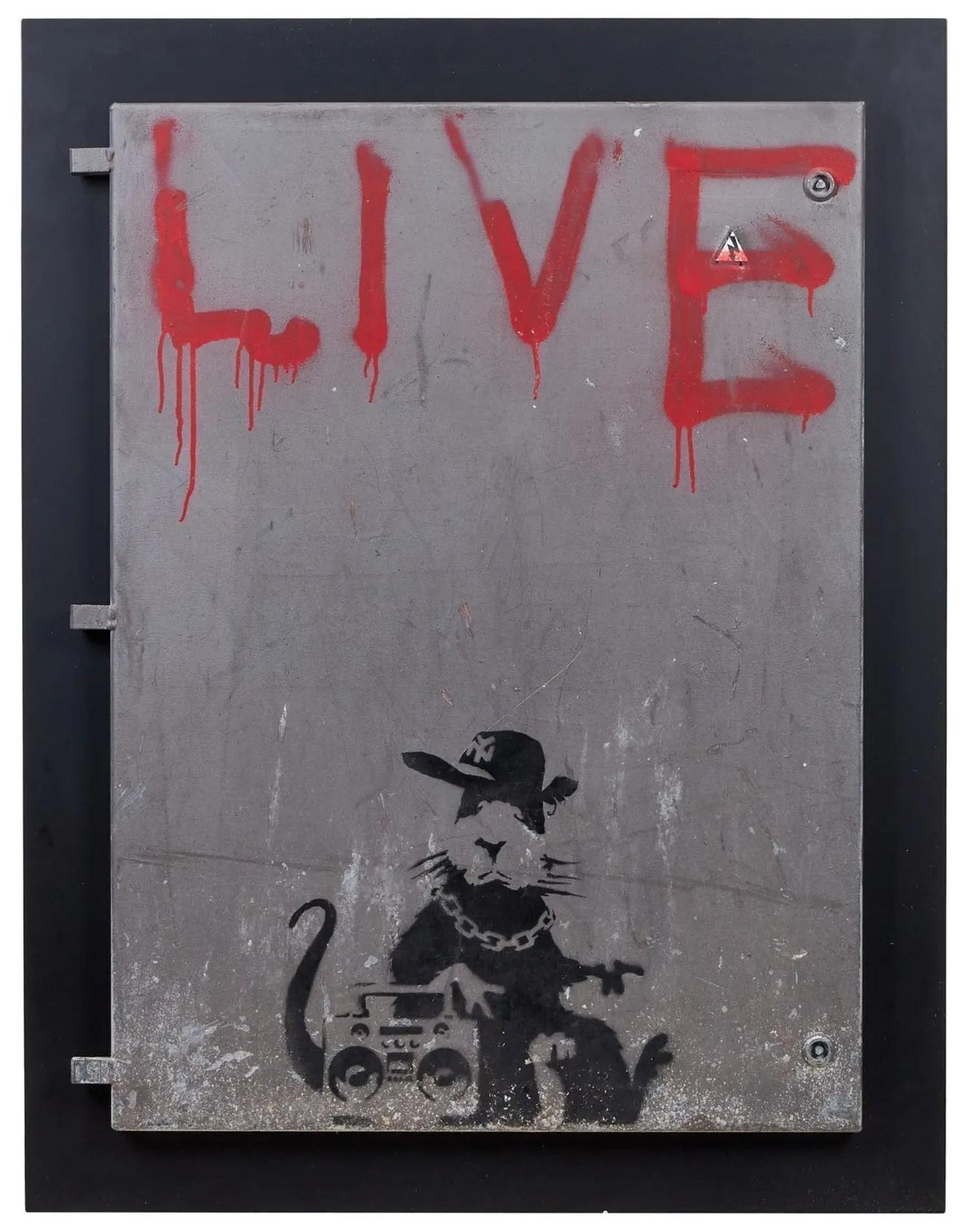 Lot #2. Banksy | "Gangsta Rat - Live" Original Liverpool Street Art Painting (with Book) Graffiti art on a gray metal panel featuring the red dripping word 'LIVE' and a stenciled rat with a hat, chain, and boombox.