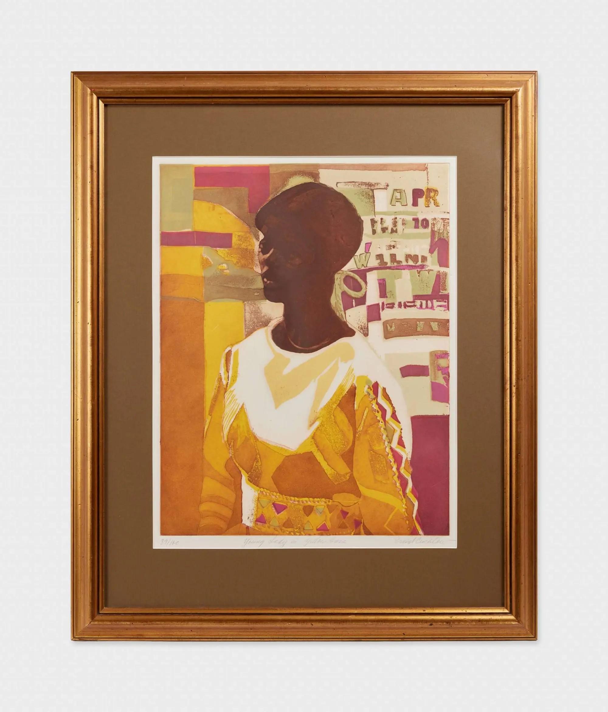 Lot #124  Roberta Flack Signed Ernest Crichlow Young Lady in a Yellow Dress Print
