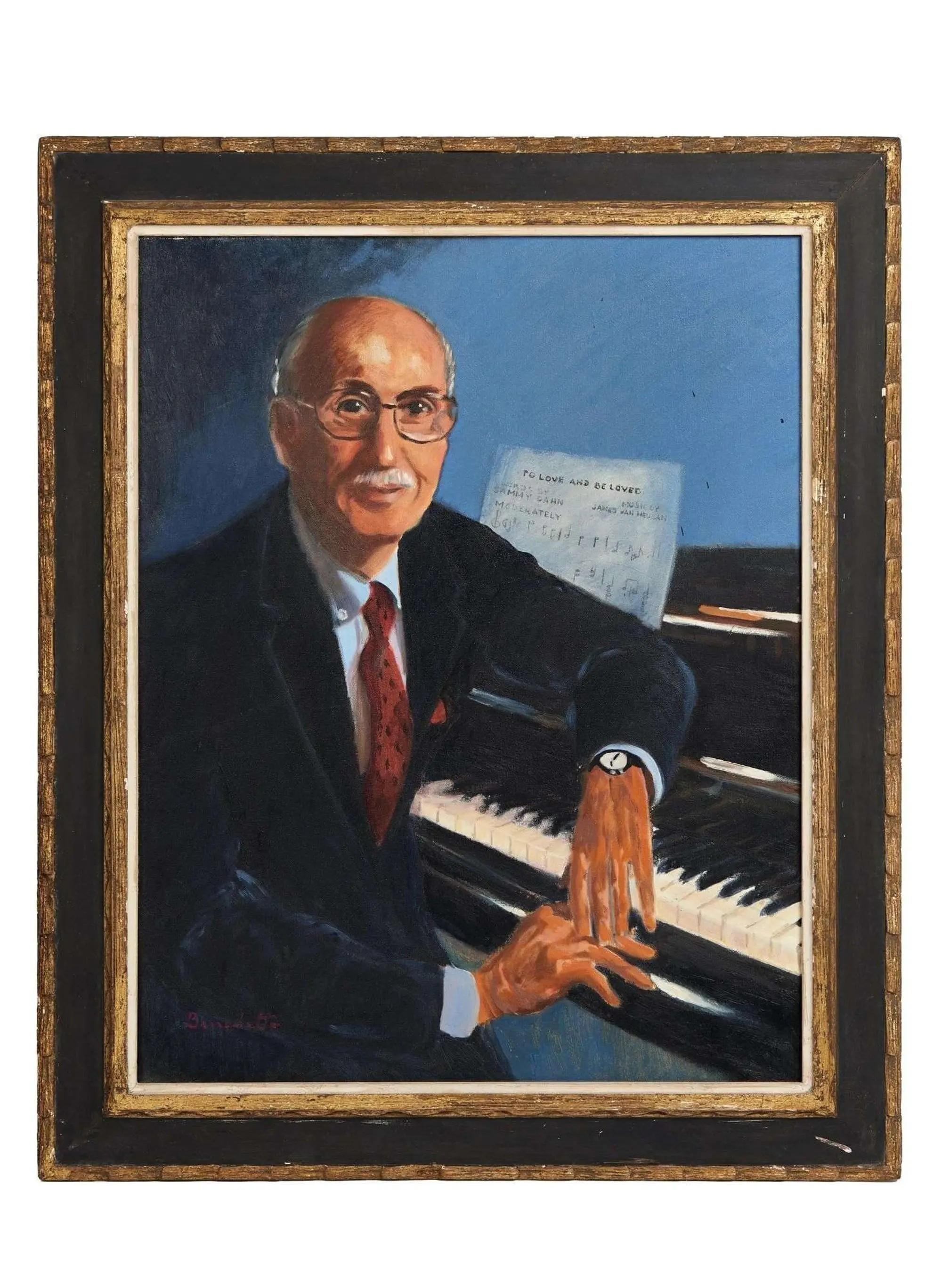 Portrait painting of a smiling older man in glasses and a suit, sitting at a piano with sheet music.