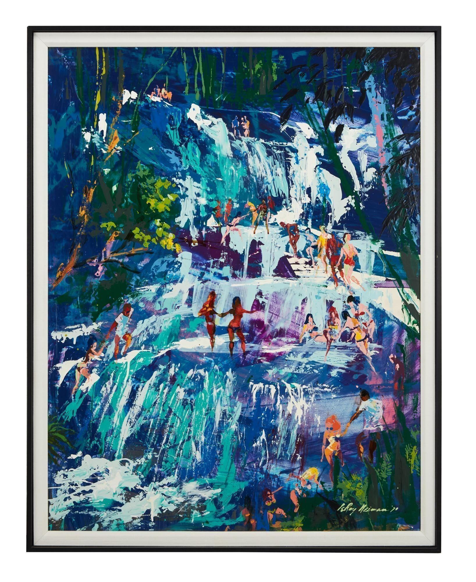 Lot #146. Playboy | LeRoy Neiman Jamaica Painting a colorful painting of people swimming in a waterfall .