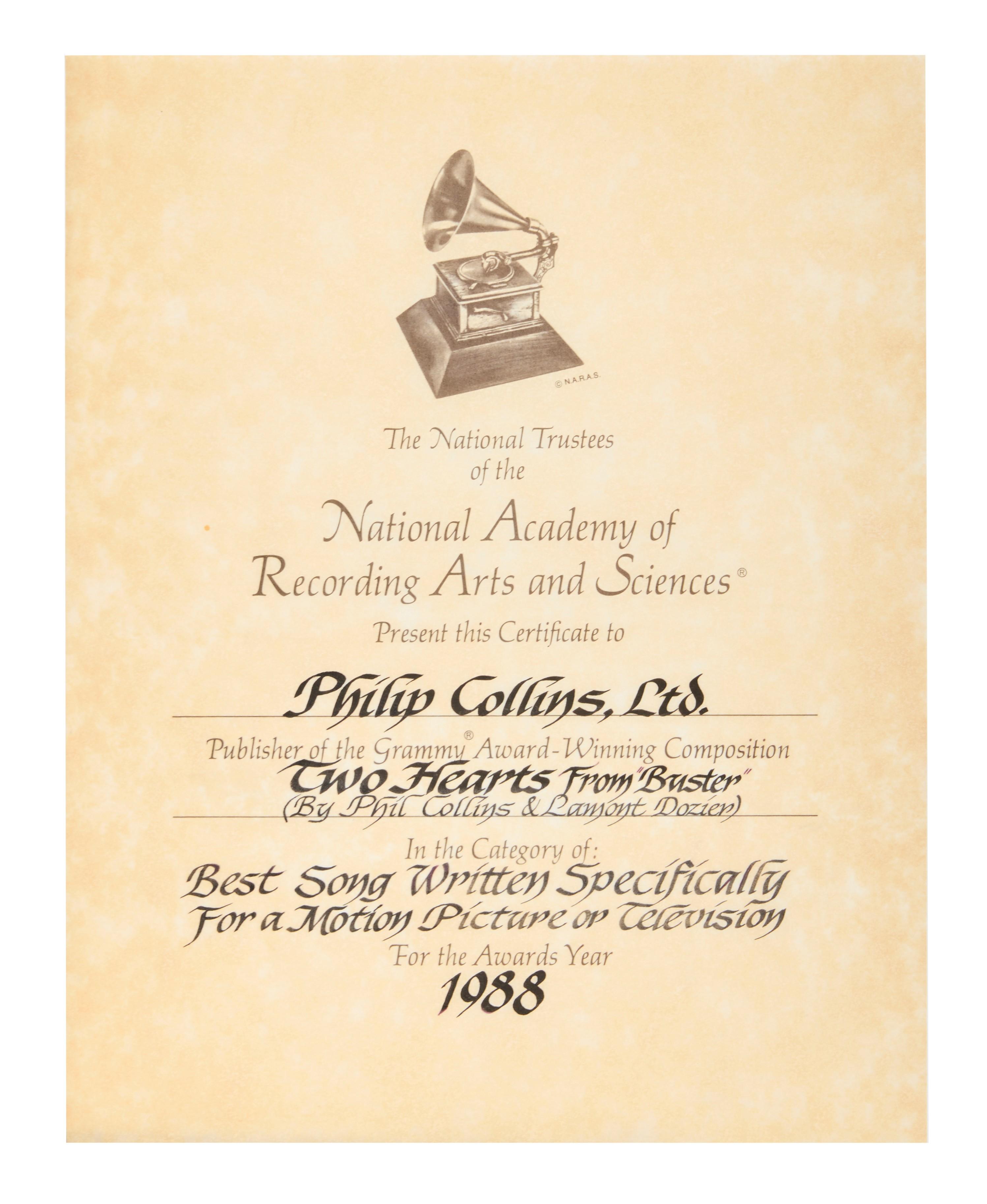 1988 “Two Hearts” Grammy Nomination Certificate 1988 “Two Hearts” Grammy Nomination Certificate