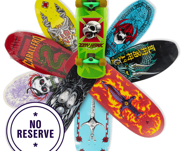 a green tony hawk skateboard is surrounded by other skateboards