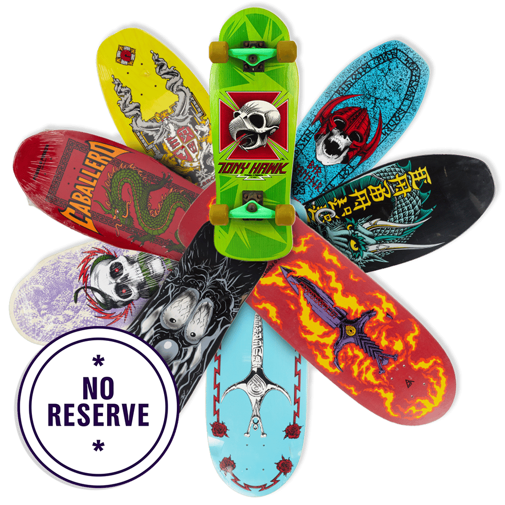 a green tony hawk skateboard is surrounded by other skateboards