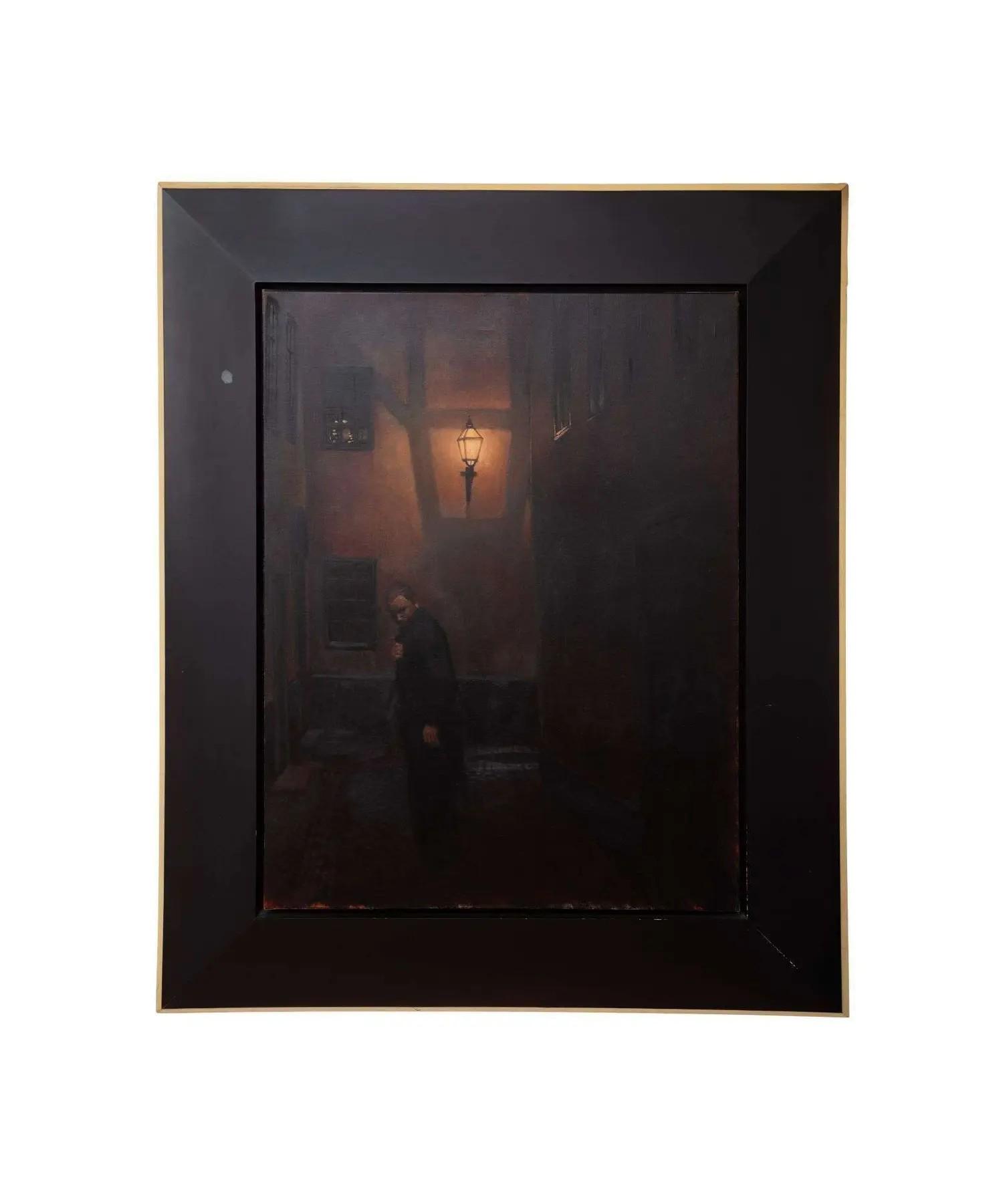 A painting in a black frame depicting a man in a dark, gas-lit alleyway at night.