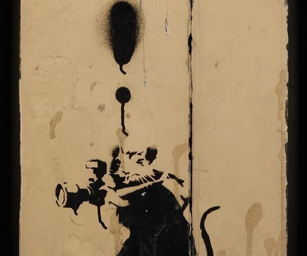 a black and white painting of a rat holding a camera and a balloon .