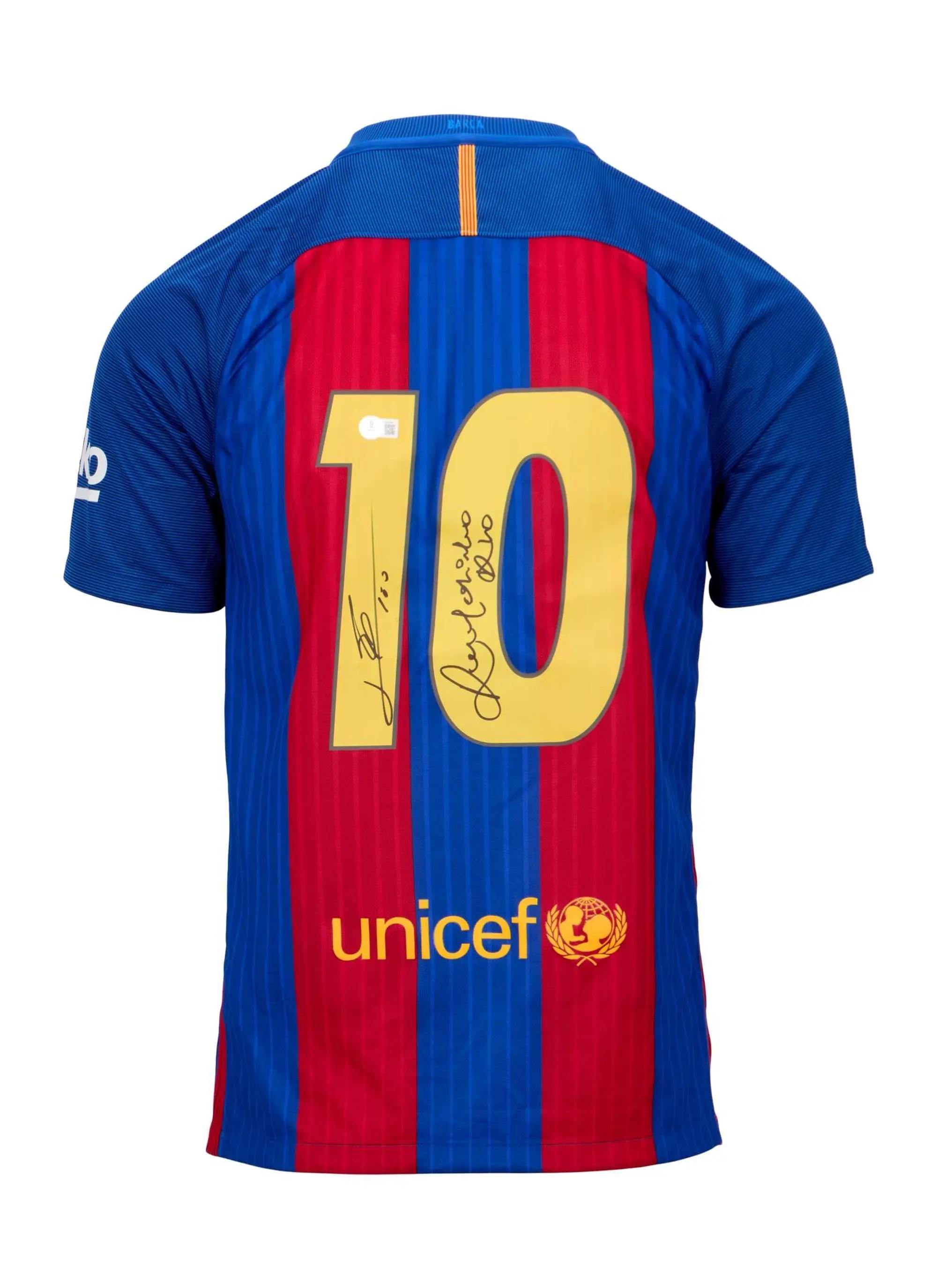 Lot #185  Lionel Messi and Ronaldinho Signed Barcelona Commemorative Jersey (Beckett)