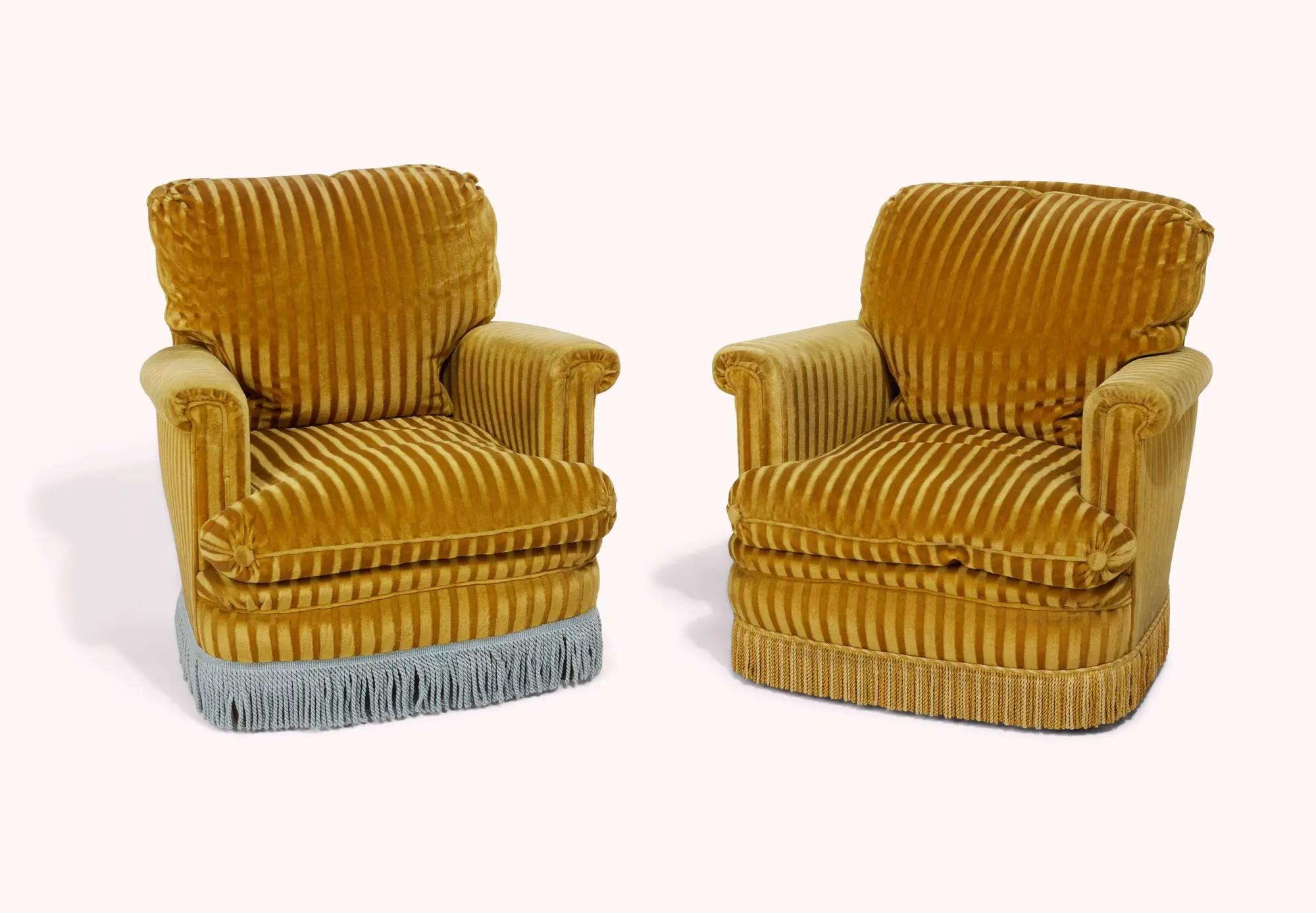Lot #328. And Just Like That… | Carrie Bradshaw's Pair of Gold Damask Upholstered Armchairs Lot #328 And Just Like That… Carrie Bradshaw's Pair of Gold Damask Upholstered Armchairs