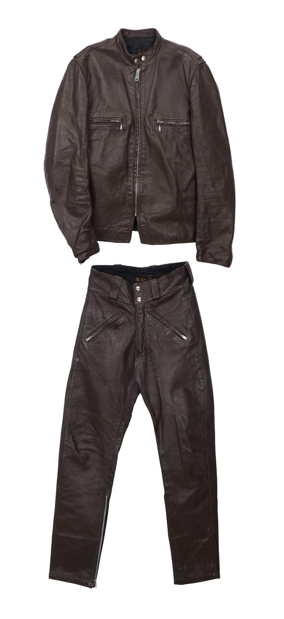 a brown leather jacket and pants on a white background