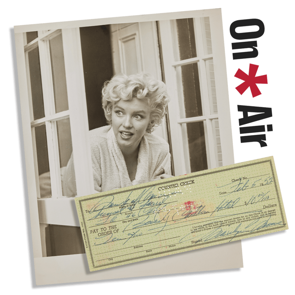 Image of Marilyn Monroe leaning out a window and a personalized check 