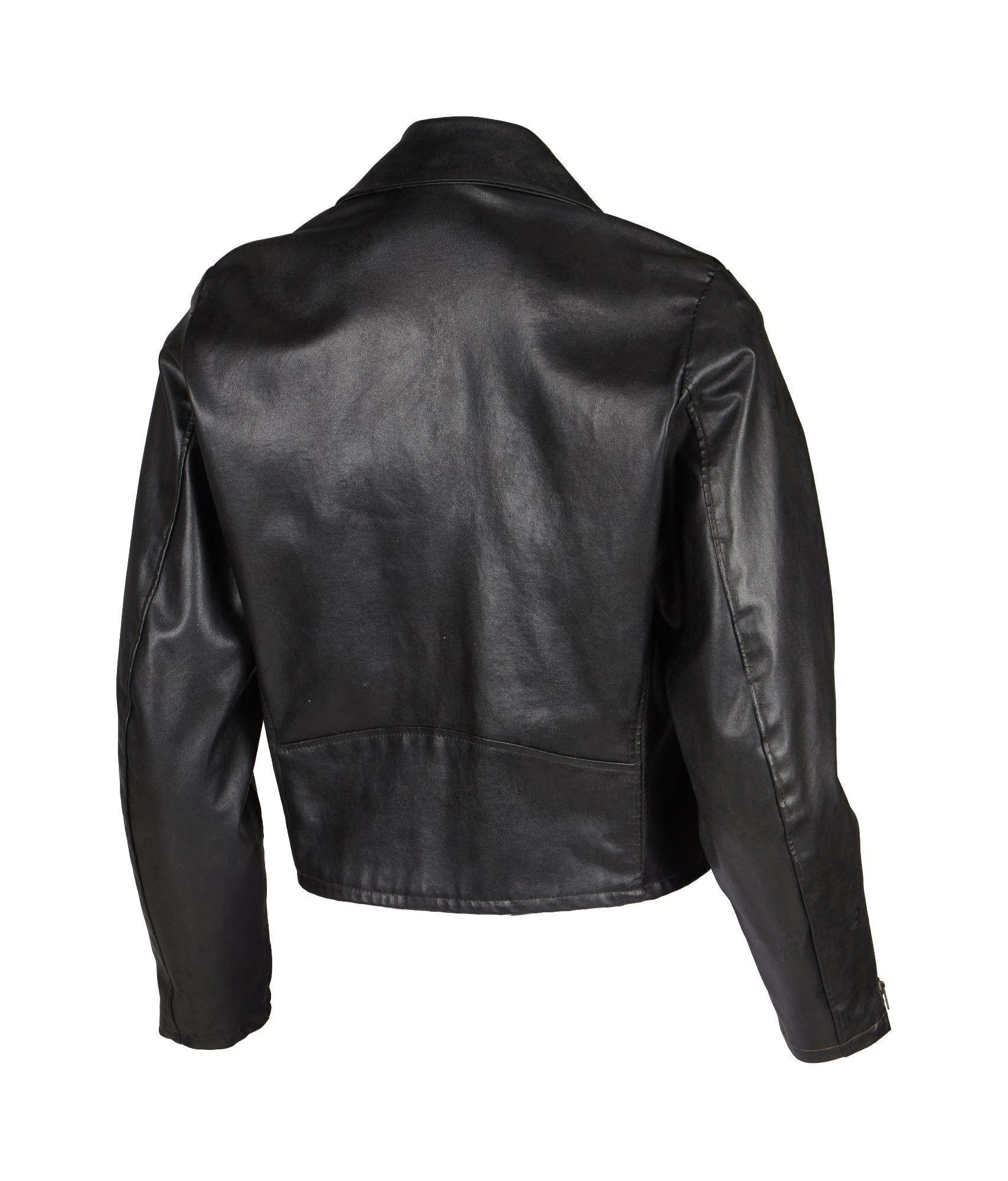 the back of a black leather jacket on a white background