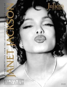 A poster for Julien's Auctions includes a black and white photo of Janet Jackson 