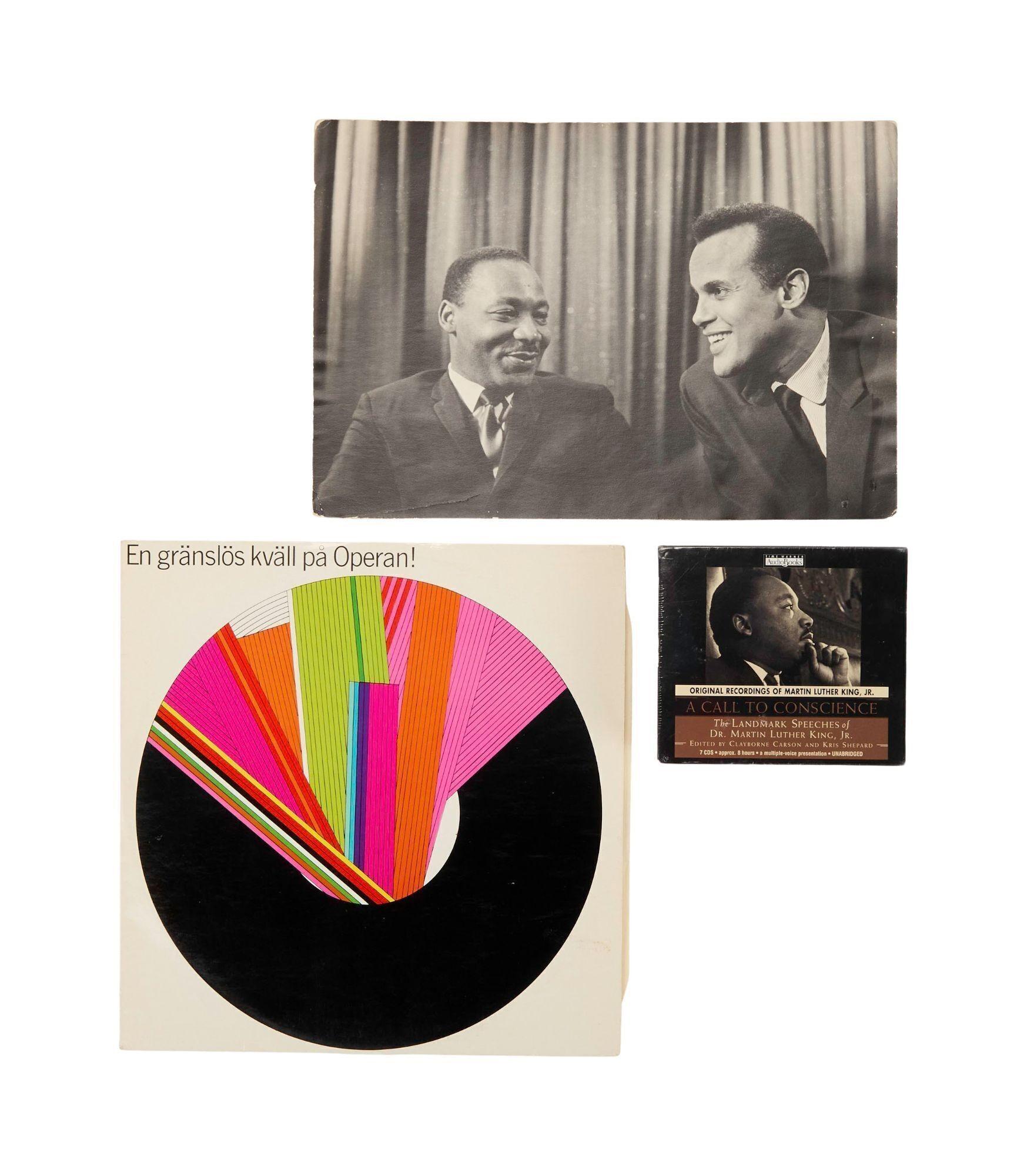 Lot #160. Harry Belafonte | MLK Jr. Photo, Record, CD set two men are standing next to each other on a white background