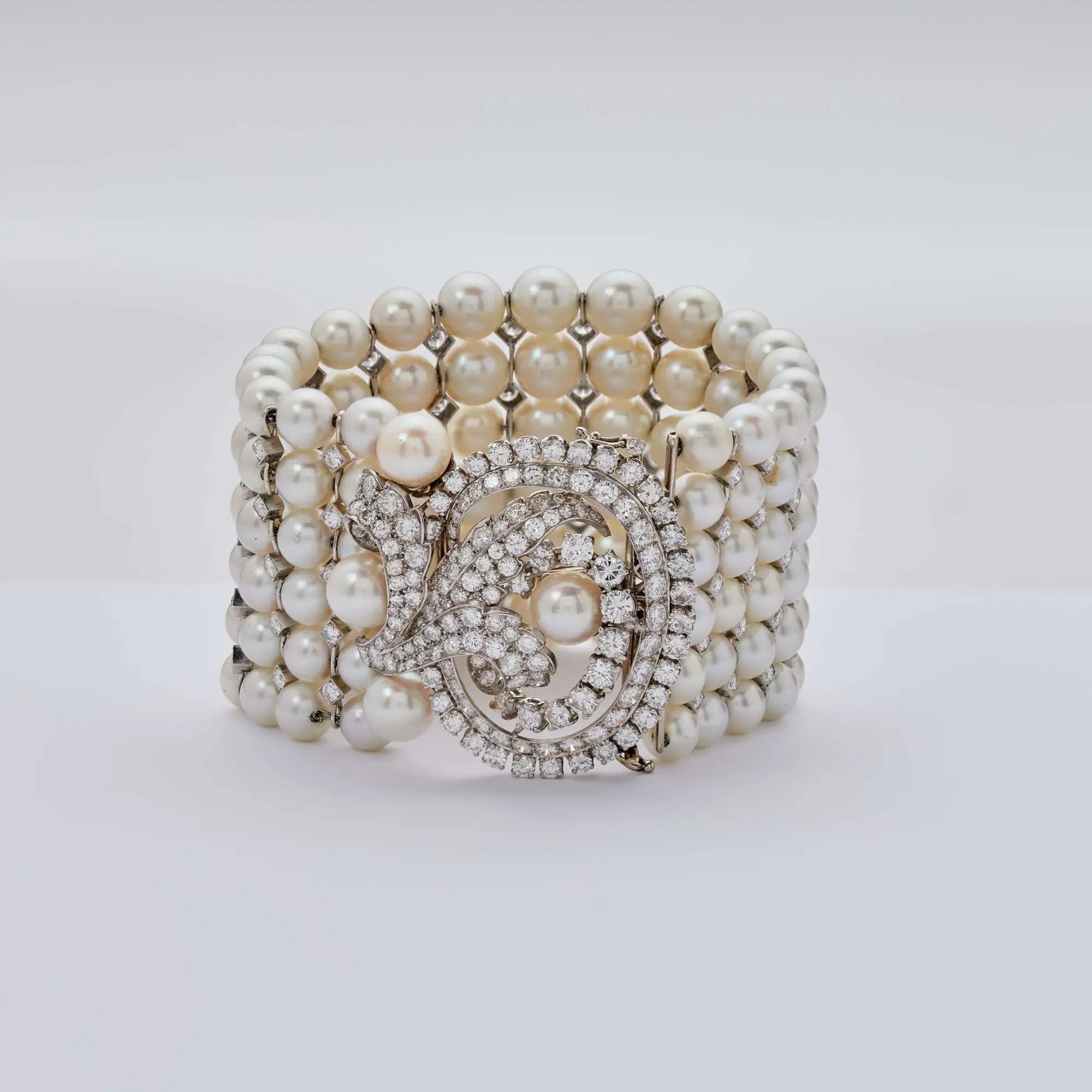 Lot #329  Jerry Weintraub Mid-Century Platinum, Cultured Pearl. and Diamond Bracelet