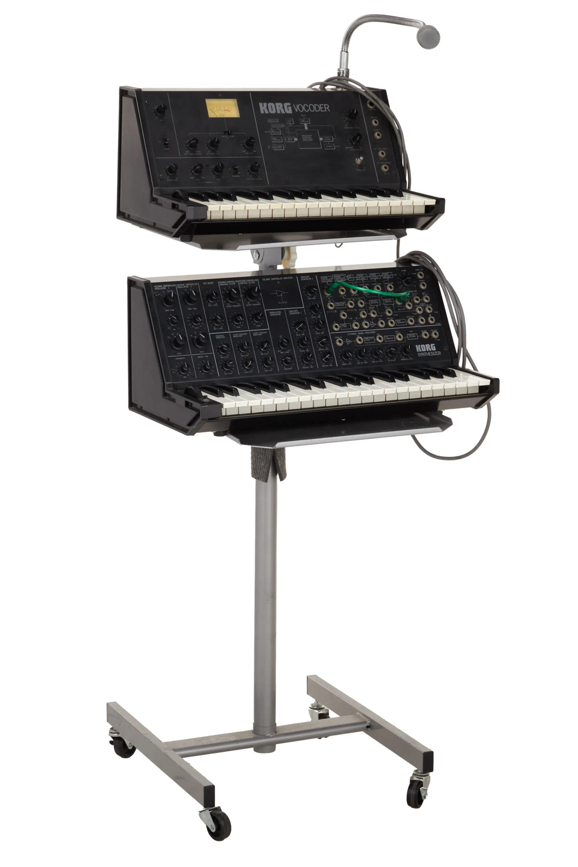 Lot #360. Florian Schneider | Korg synthesizer & VC-10 Vocoder on Metal Rolling Stand Lot #360 Florian Schneider Korg synthesizer & VC-10 Vocoder on Metal Rolling Stand