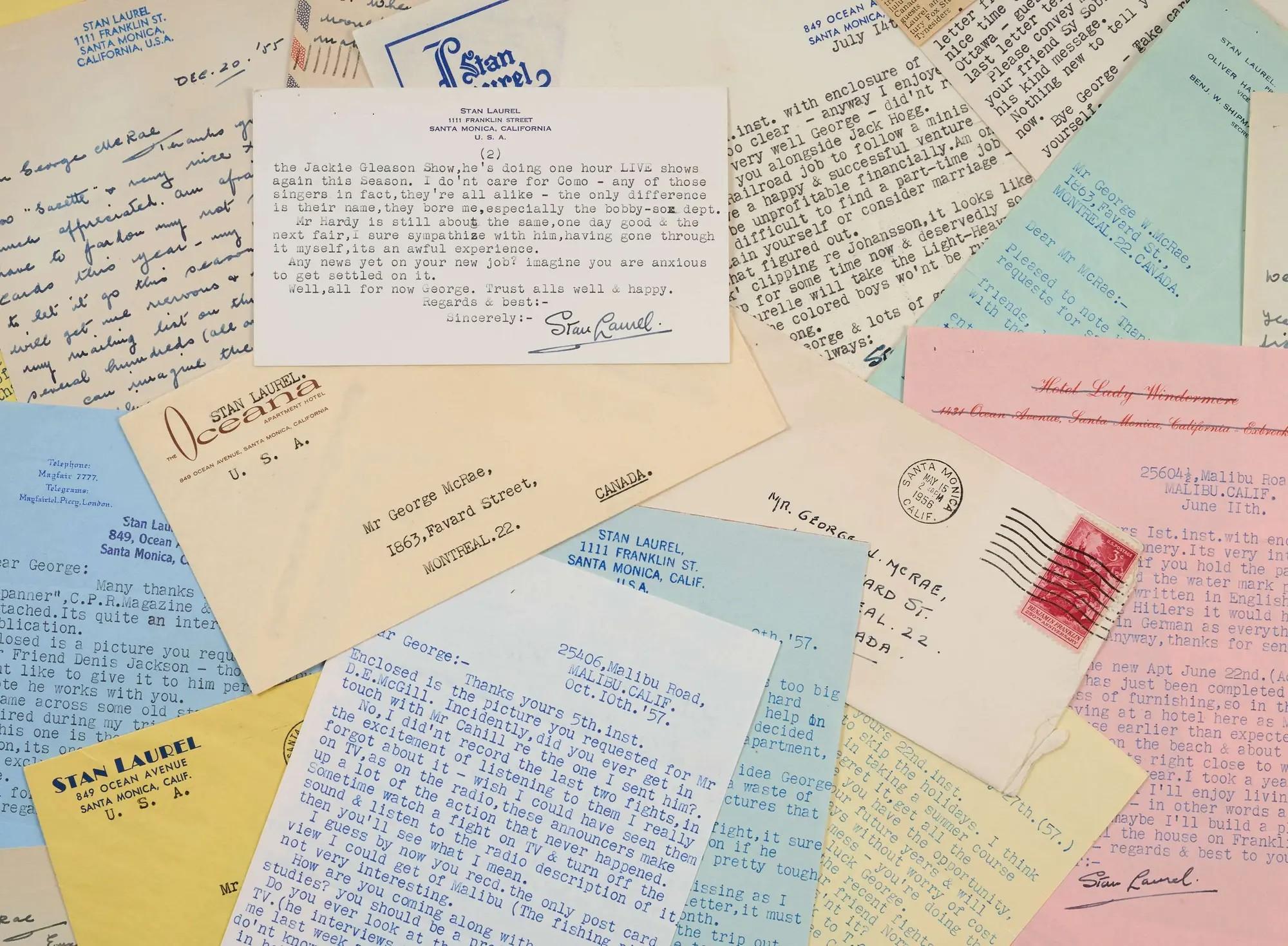 Lot #178  Stan Laurel 1955-1960 Extraordinary and Massive Collection of Handwritten and Typed Letters to a Superfan