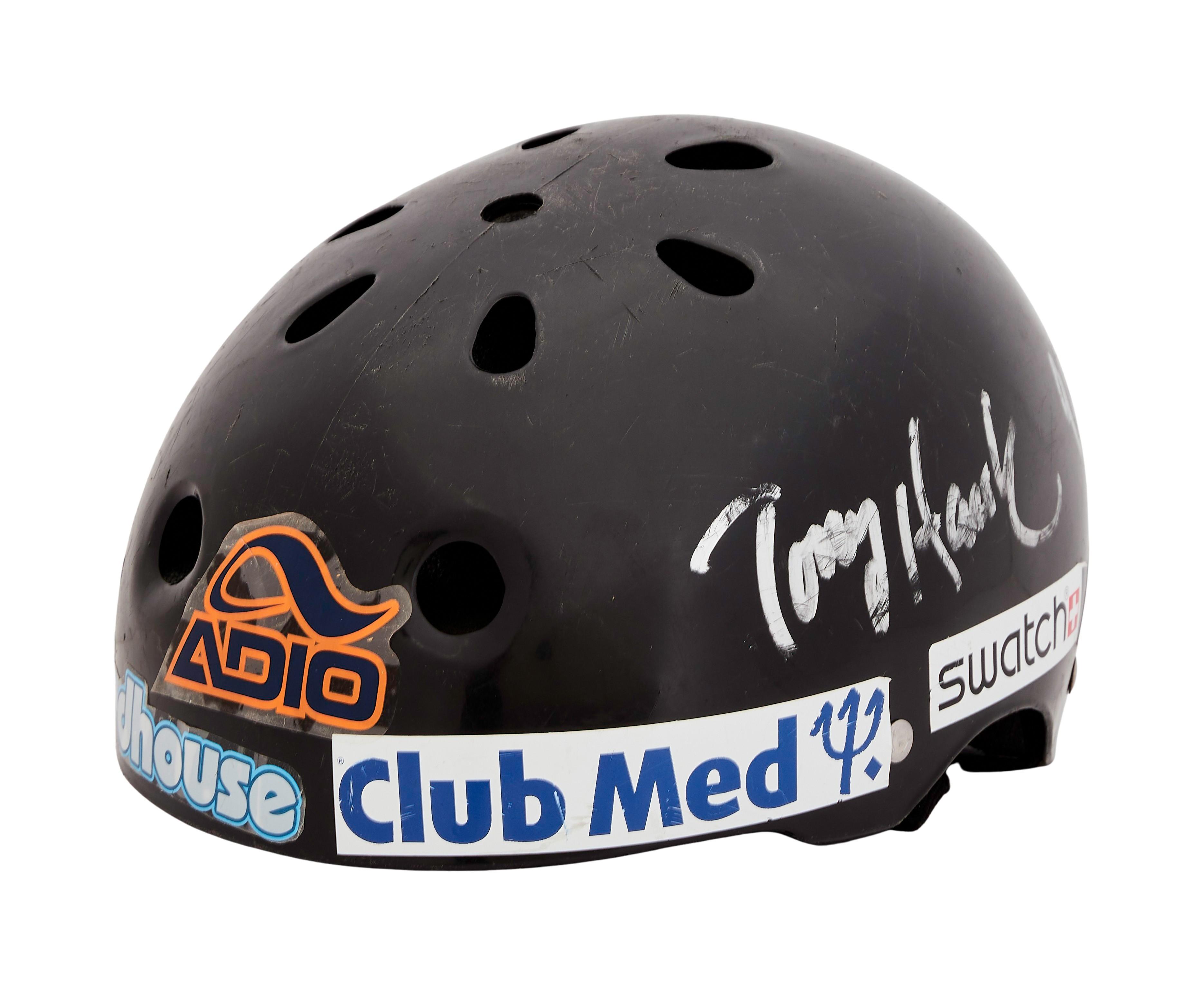 a skateboard helmet signed by Tony Hawk