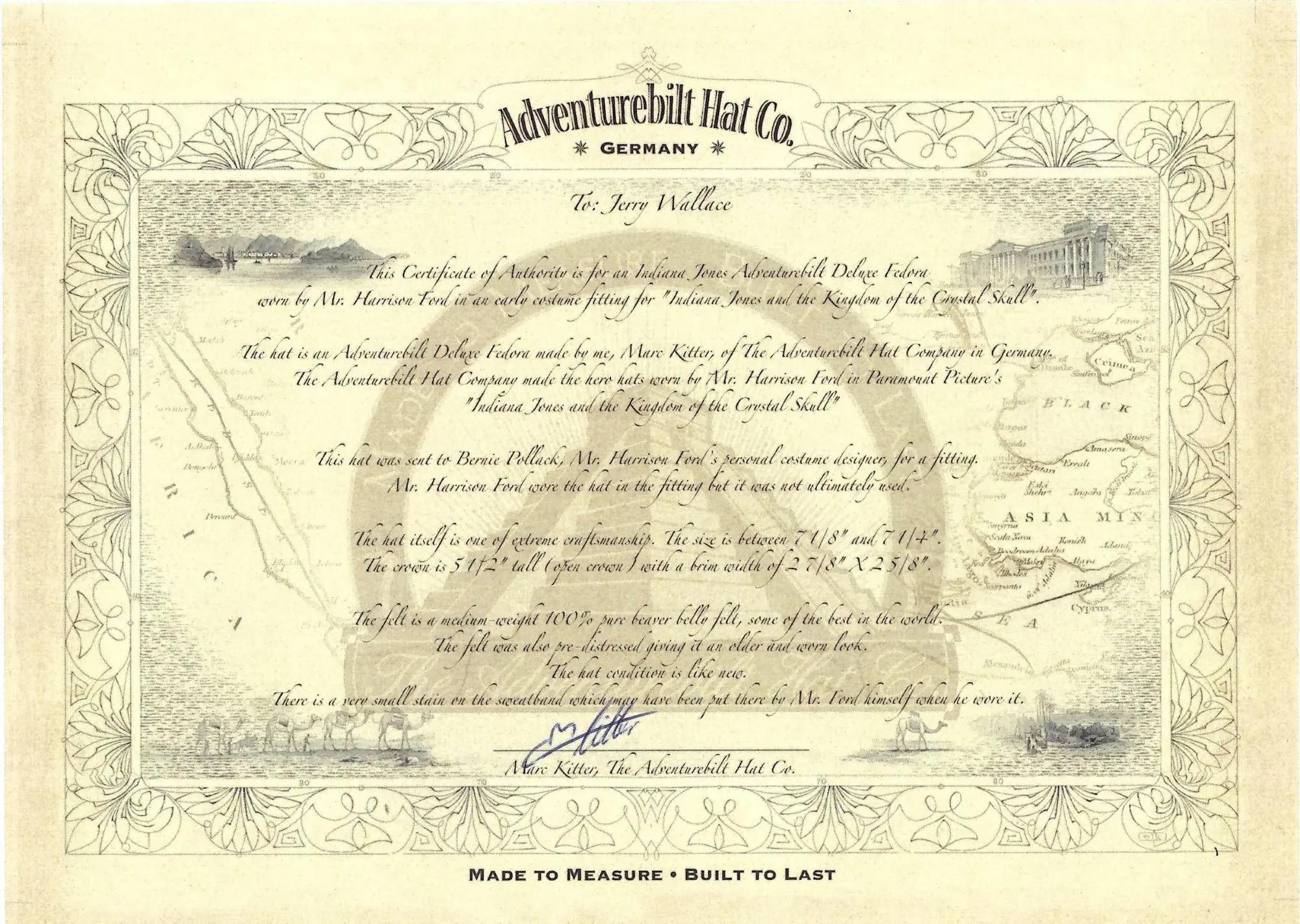 letter of provenance for Harrison Ford fedora from Indiana Jones and the Kingdom of the Crystal Skull