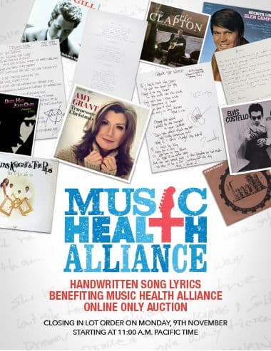 A poster for the Music Health Alliance Handwritten Song Lyrics