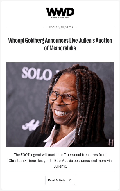 whoopi goldberg on the cover of women's wear daily for auction announcement