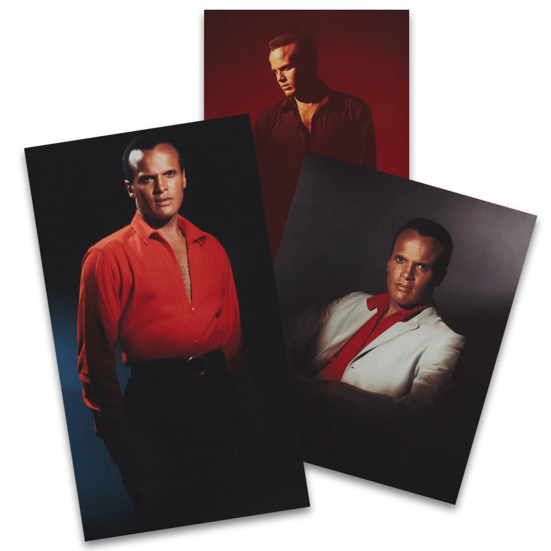 three pictures of a man in a red shirt and white suit