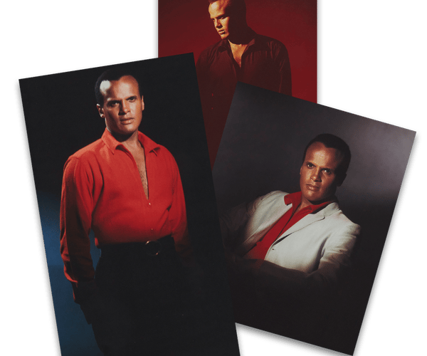 three pictures of a man in a red shirt and white suit