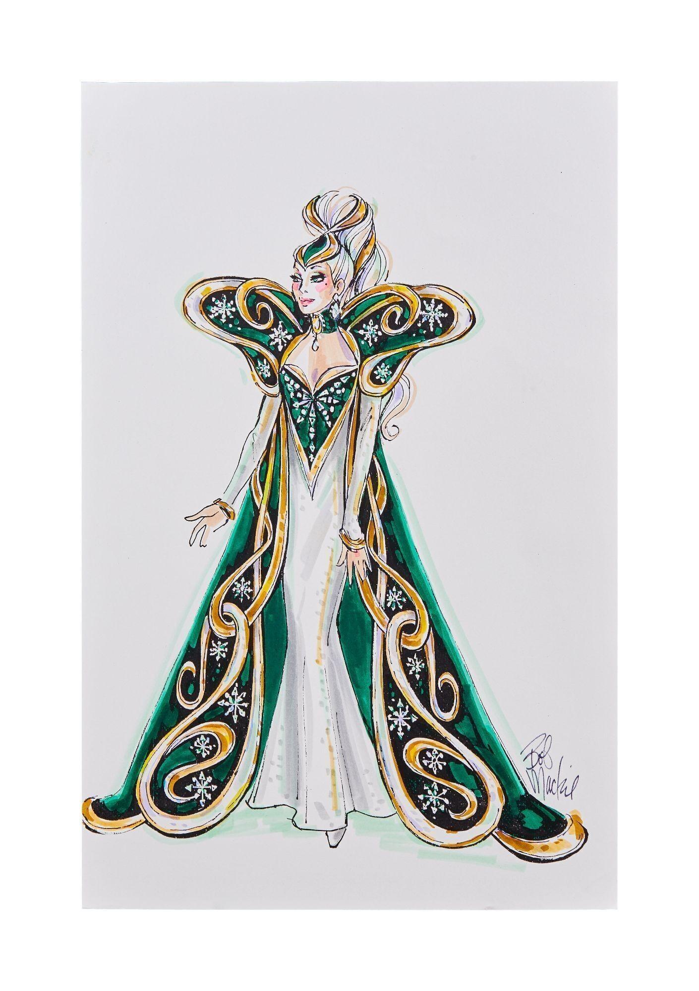 Lot #10. Bob Mackie | Barbie Platinum Label Conceptual Illustration a drawing of a woman in a green and gold dress