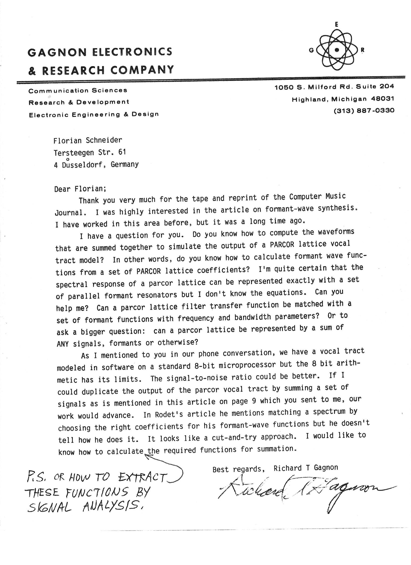 a letter to florian schneider from richard t gagnon seeking guidance