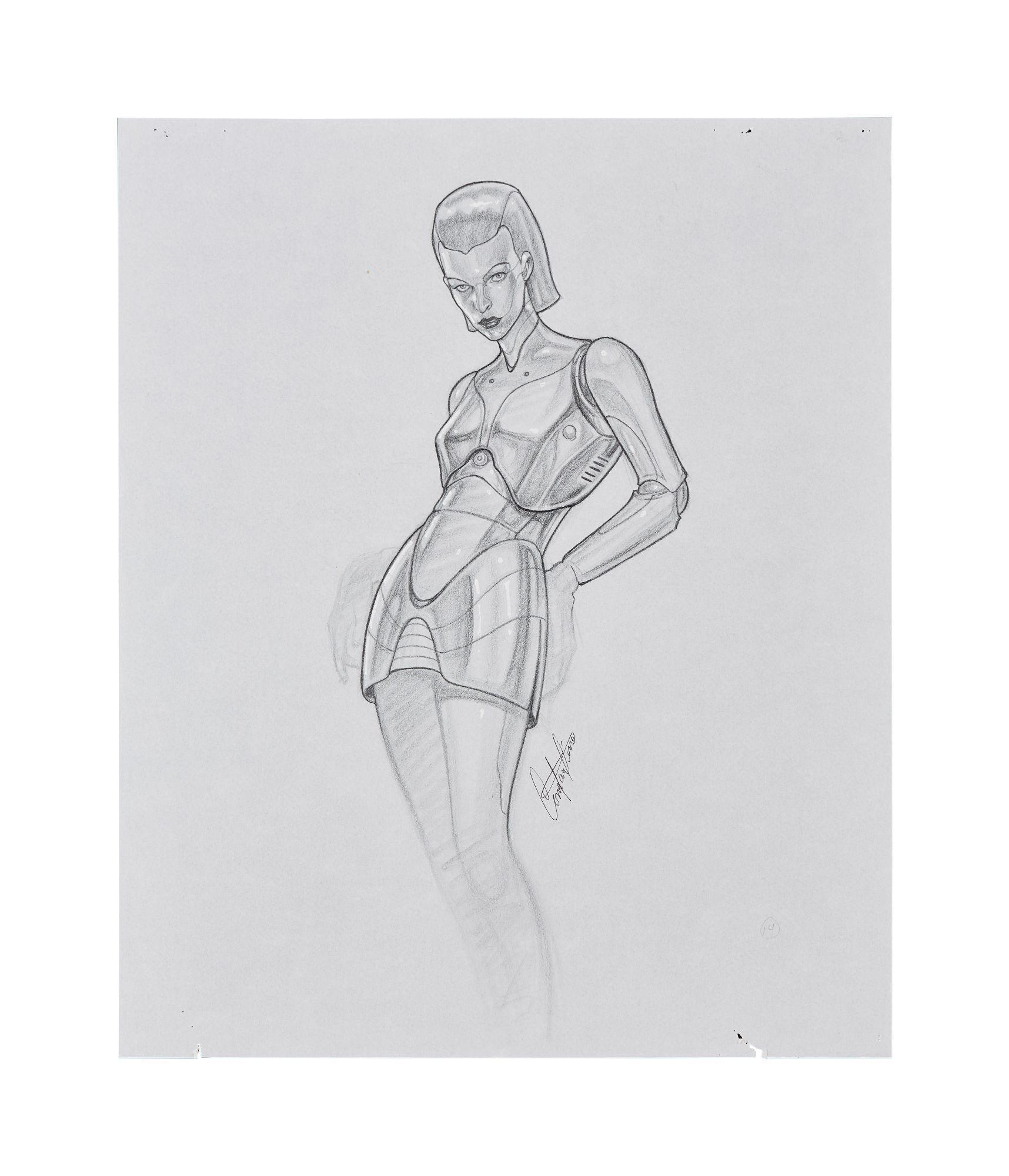 Lot #19. Bicentennial Man | Constantine Sekeris "Milla Jovovich as Galatea" Concept Artwork a black and white drawing of a woman in a futuristic dress .
