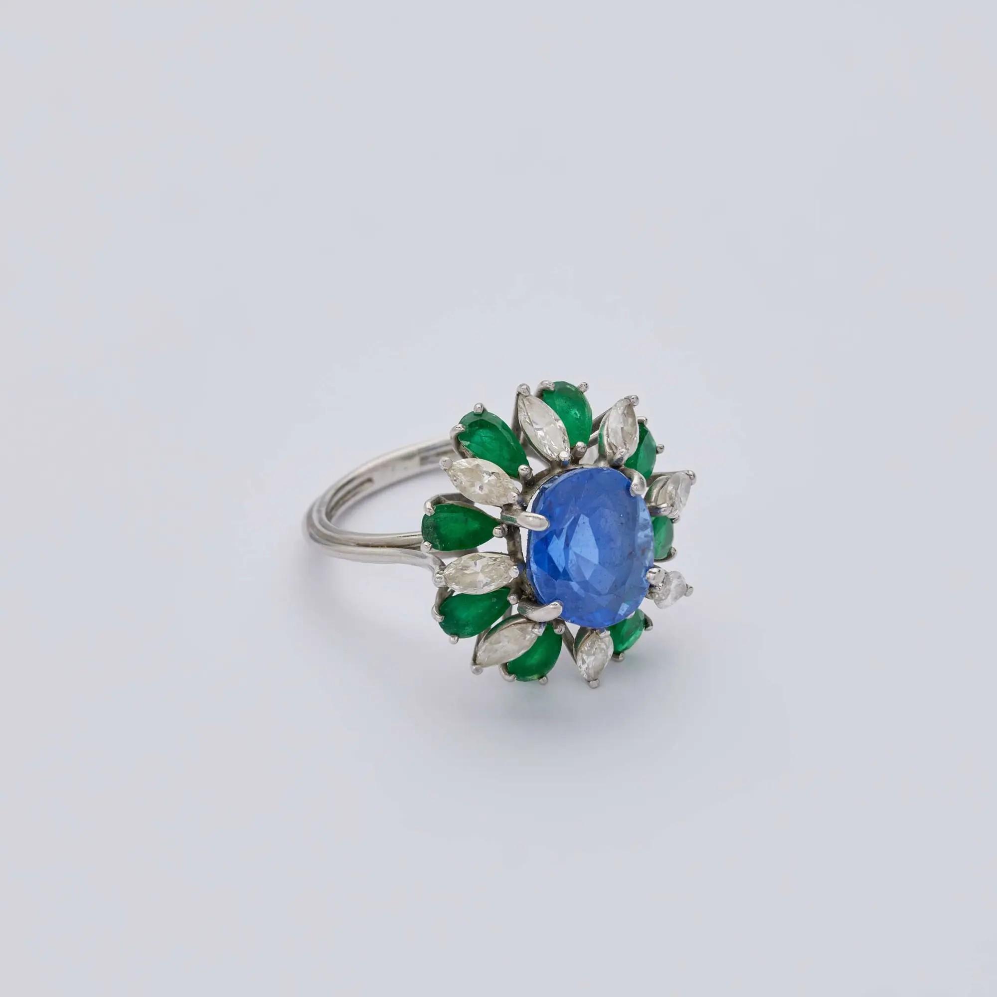 Lot #346  Jerry Weintraub Platinum, Sapphire, Diamond, and Emerald Ring
